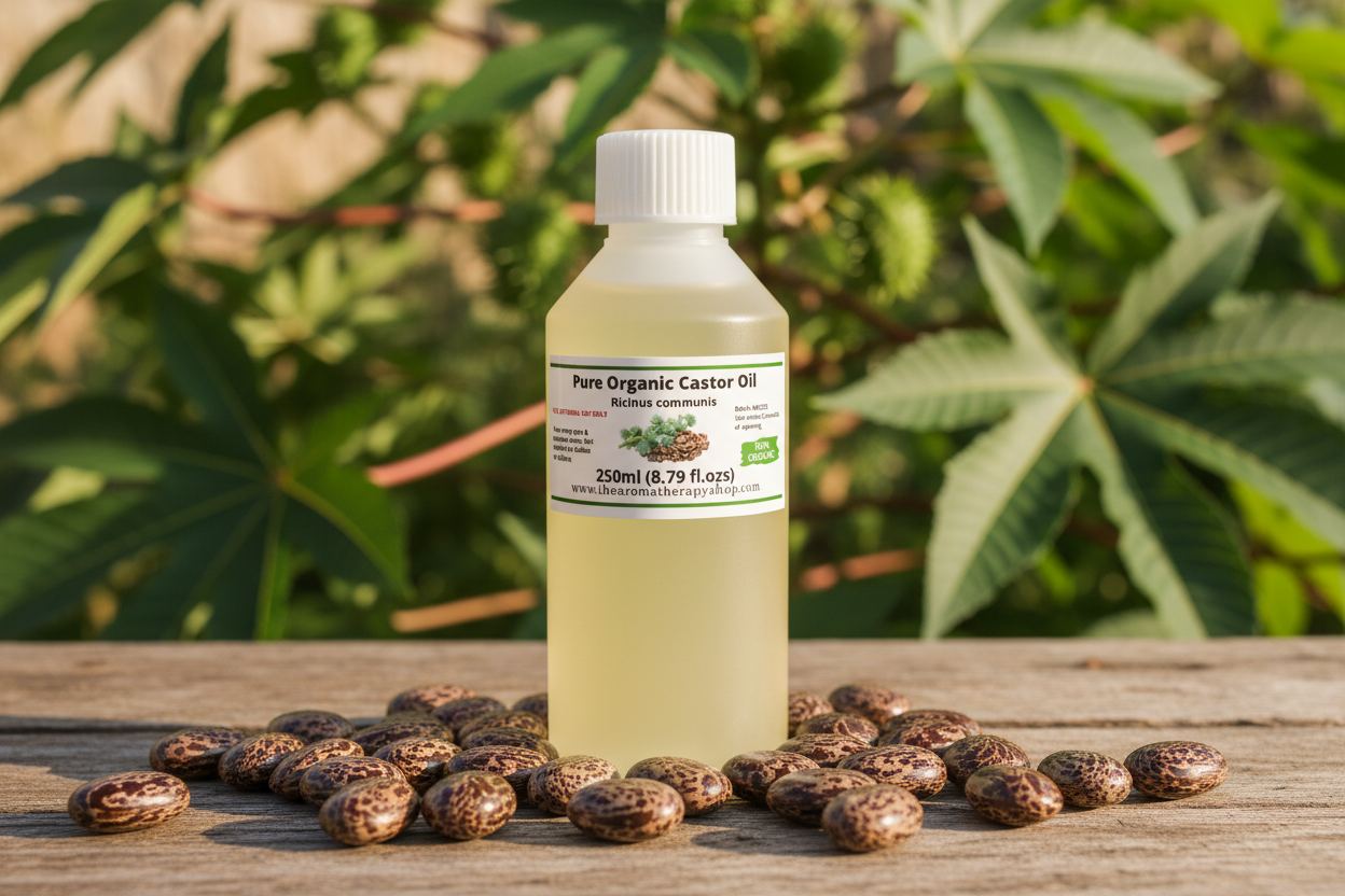 Pure Organic Castor Oil 250ml in natural outdoor setting