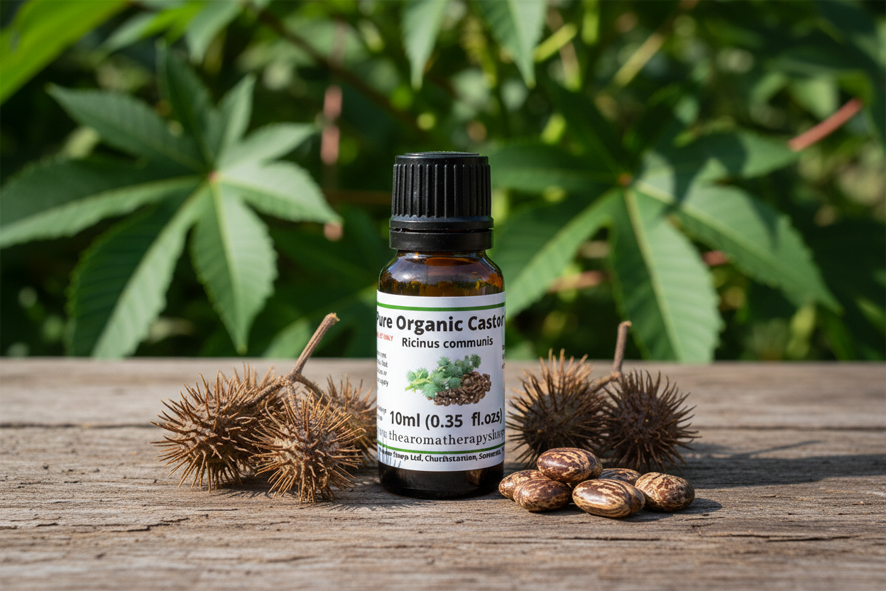 Pure Organic Castor Oil bottle on natural outdoor surface with castor elements