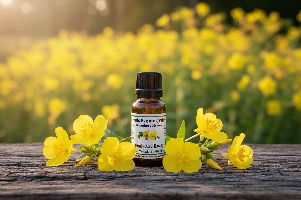 Pure Organic Evening Primrose Oil bottle on natural outdoor surface with evening primrose flowers