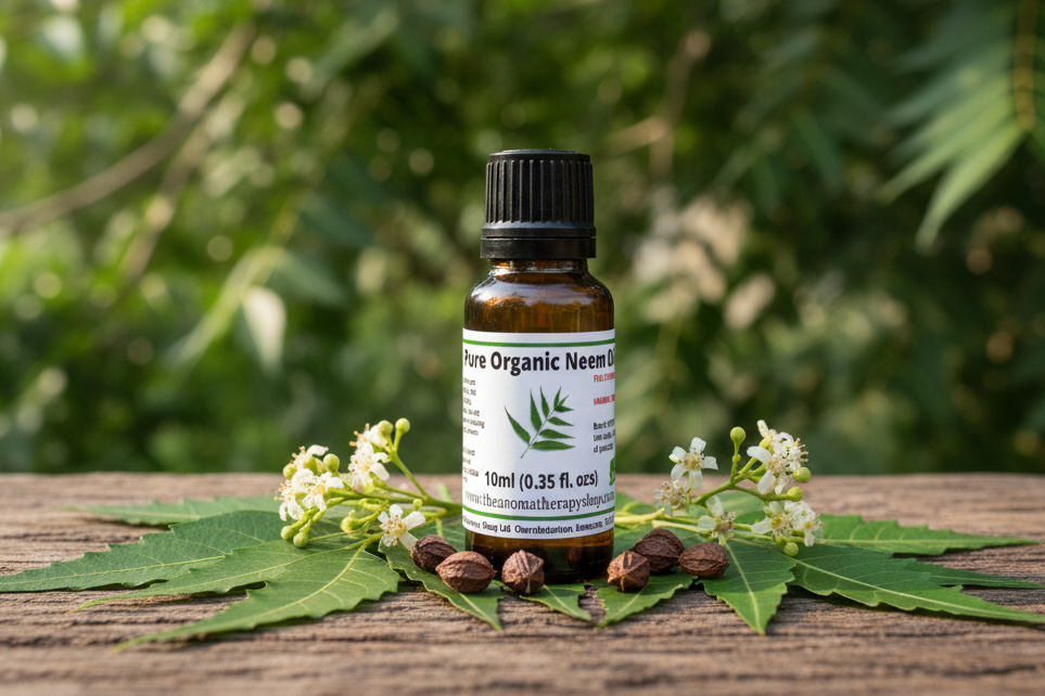 Pure Organic Neem Oil bottle on natural outdoor surface with botanical elements