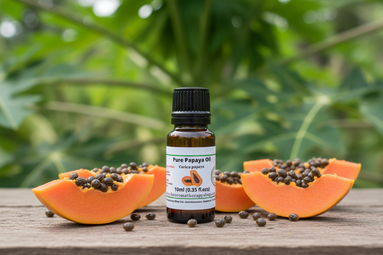 Pure Papaya Oil bottle on rustic wooden surface with papaya elements