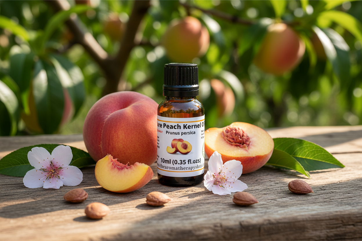Pure Peach Kernel Oil bottle with randomly scattered peach elements