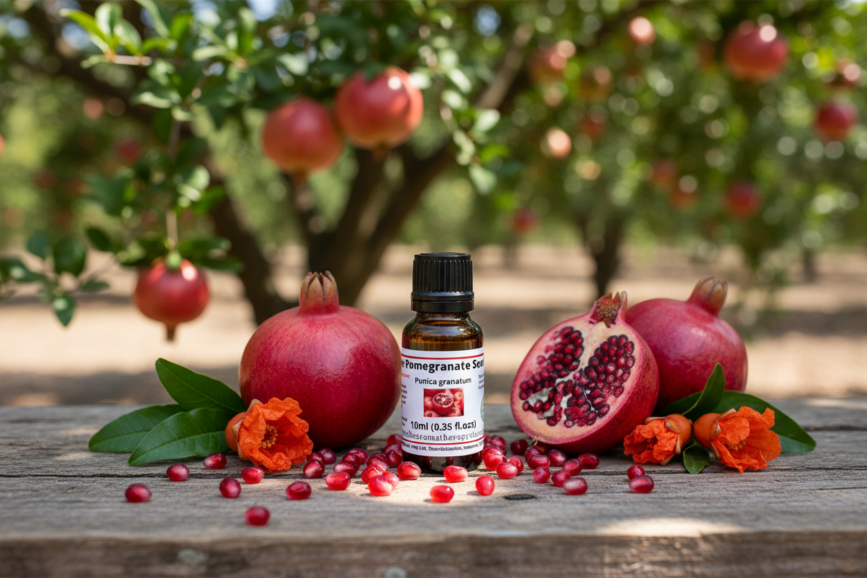 Pure Pomegranate Seed Oil bottle on natural outdoor surface with pomegranate elements