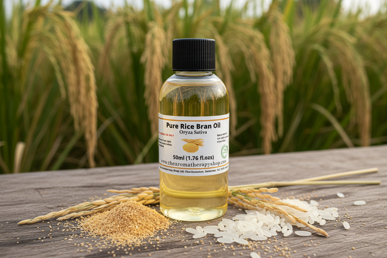 Pure Rice Bran Oil 50ml in natural countryside setting