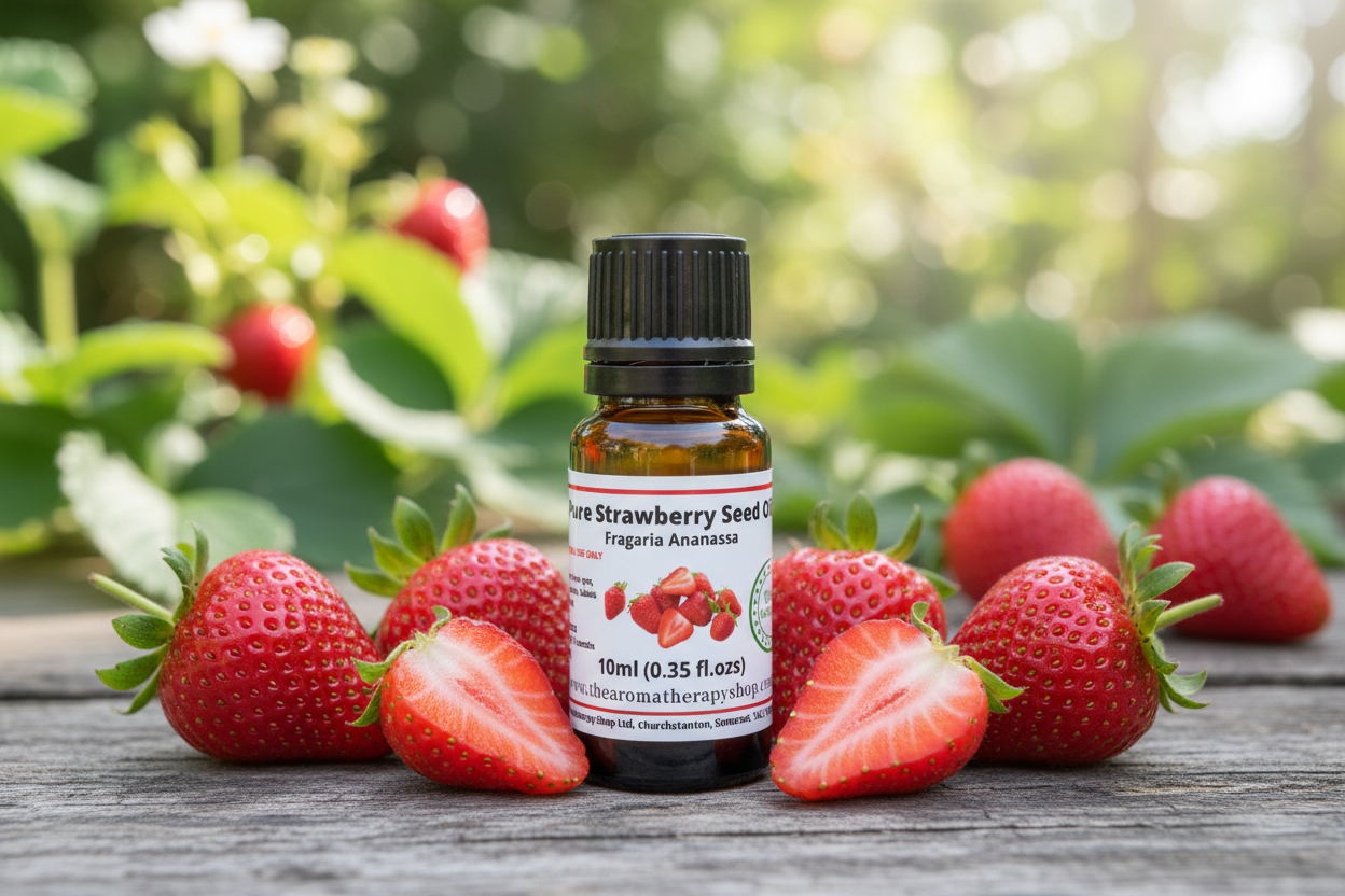 Pure Strawberry Seed Oil bottle on rustic wooden surface with fresh strawberries
