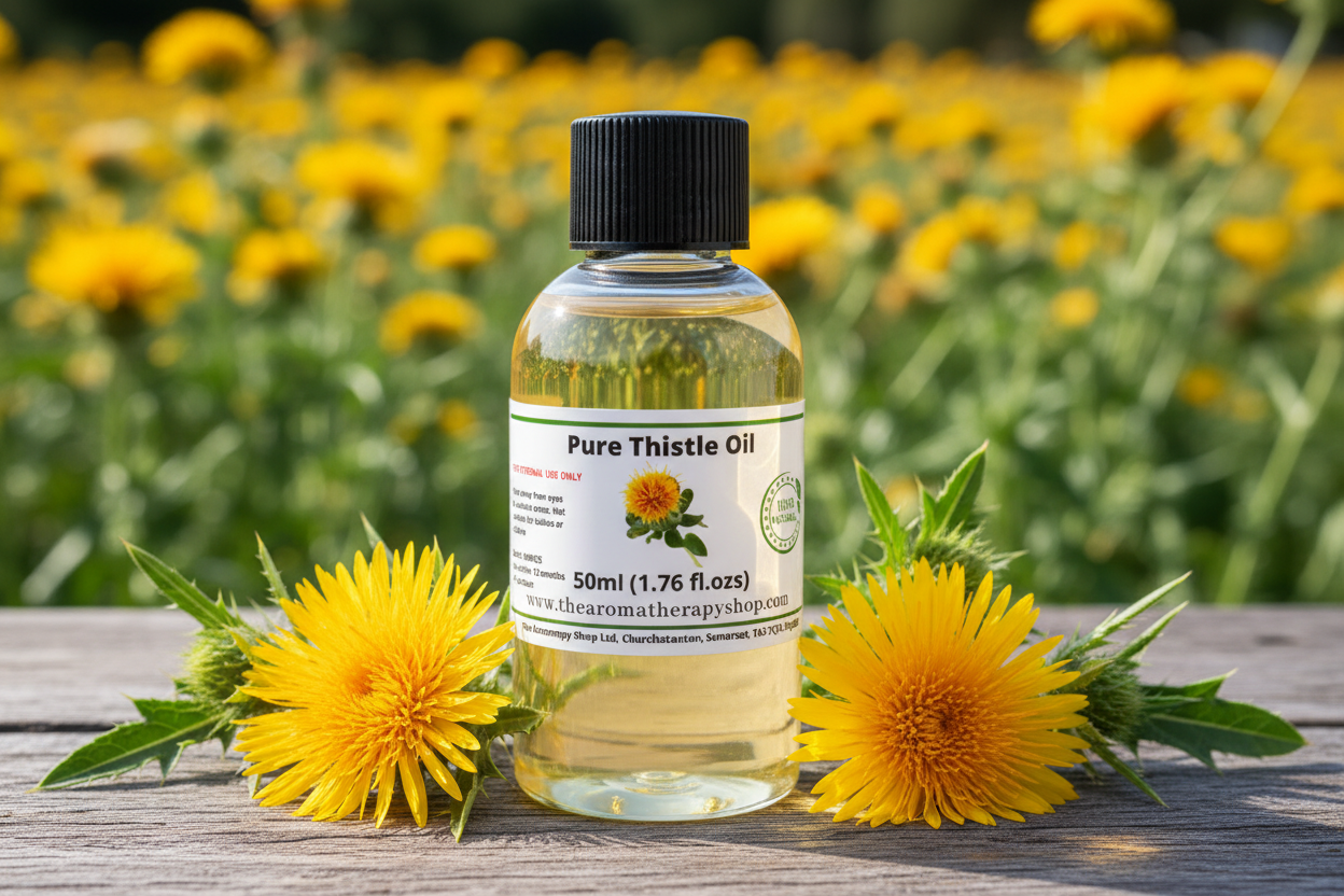 Pure Thistle Oil 50ml in natural field setting