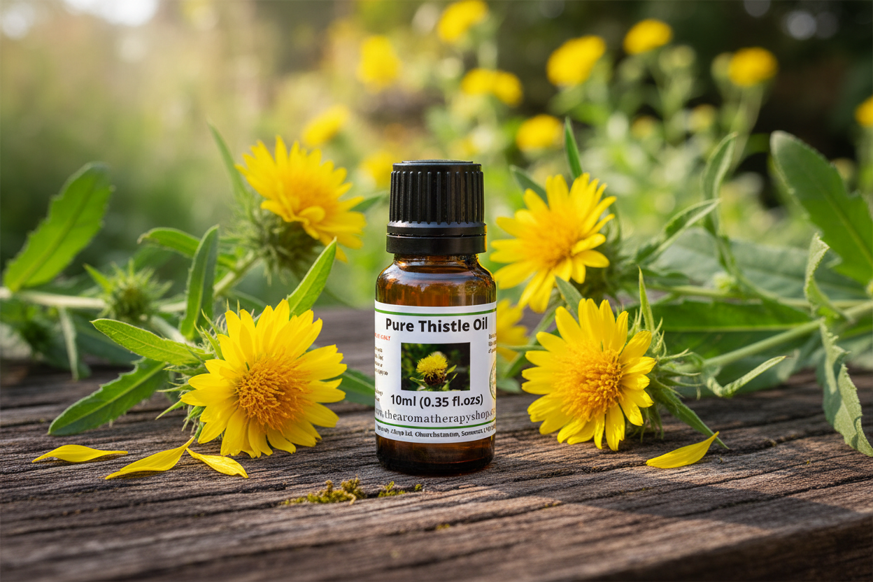 Pure Thistle Oil on natural outdoor surface with Carthamus tinctorius