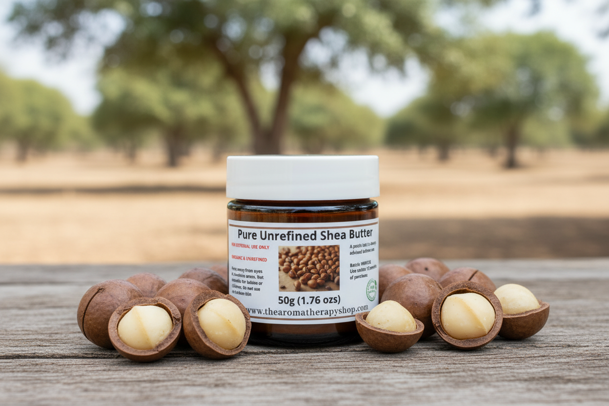 Pure Unrefined Shea Butter 50g jar in natural African savanna setting