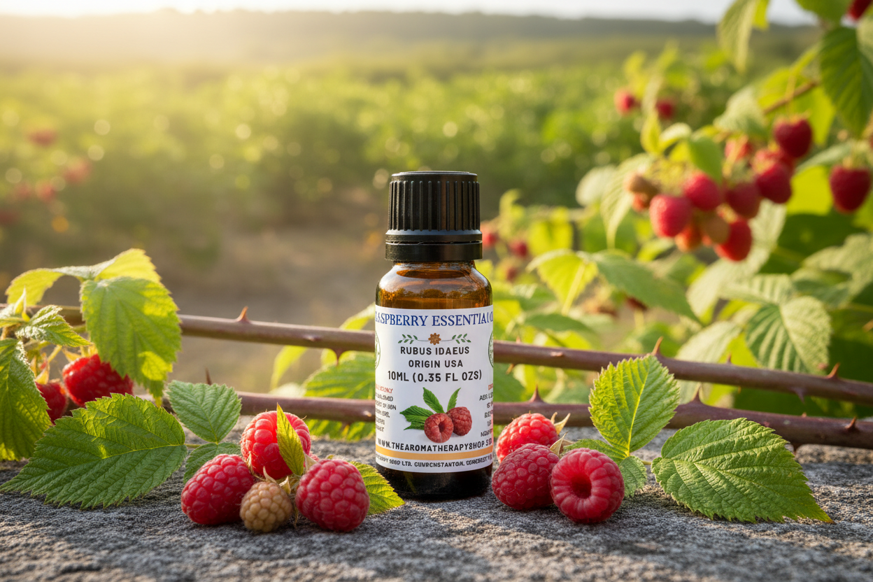 Raspberry Essential Oil Outdoor Showcase - Matched Bottle Shape