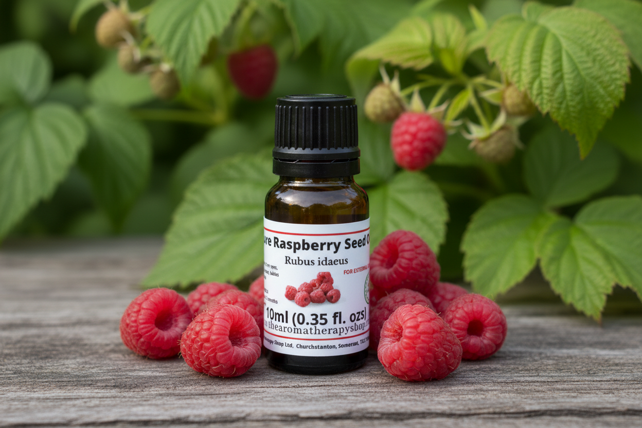 Raspberry Seed Oil bottle on rustic surface with fresh raspberries