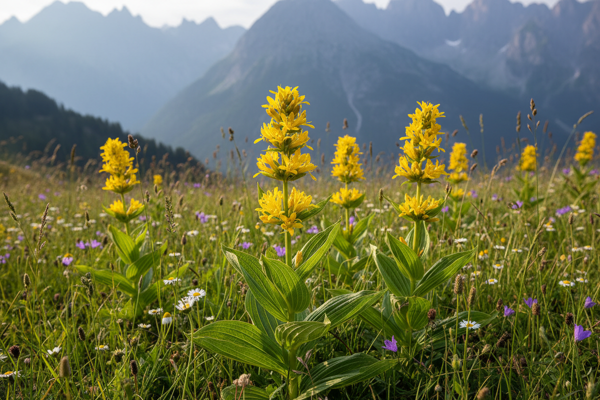 Realistic Gentiana lutea growing in an Alpine meadow