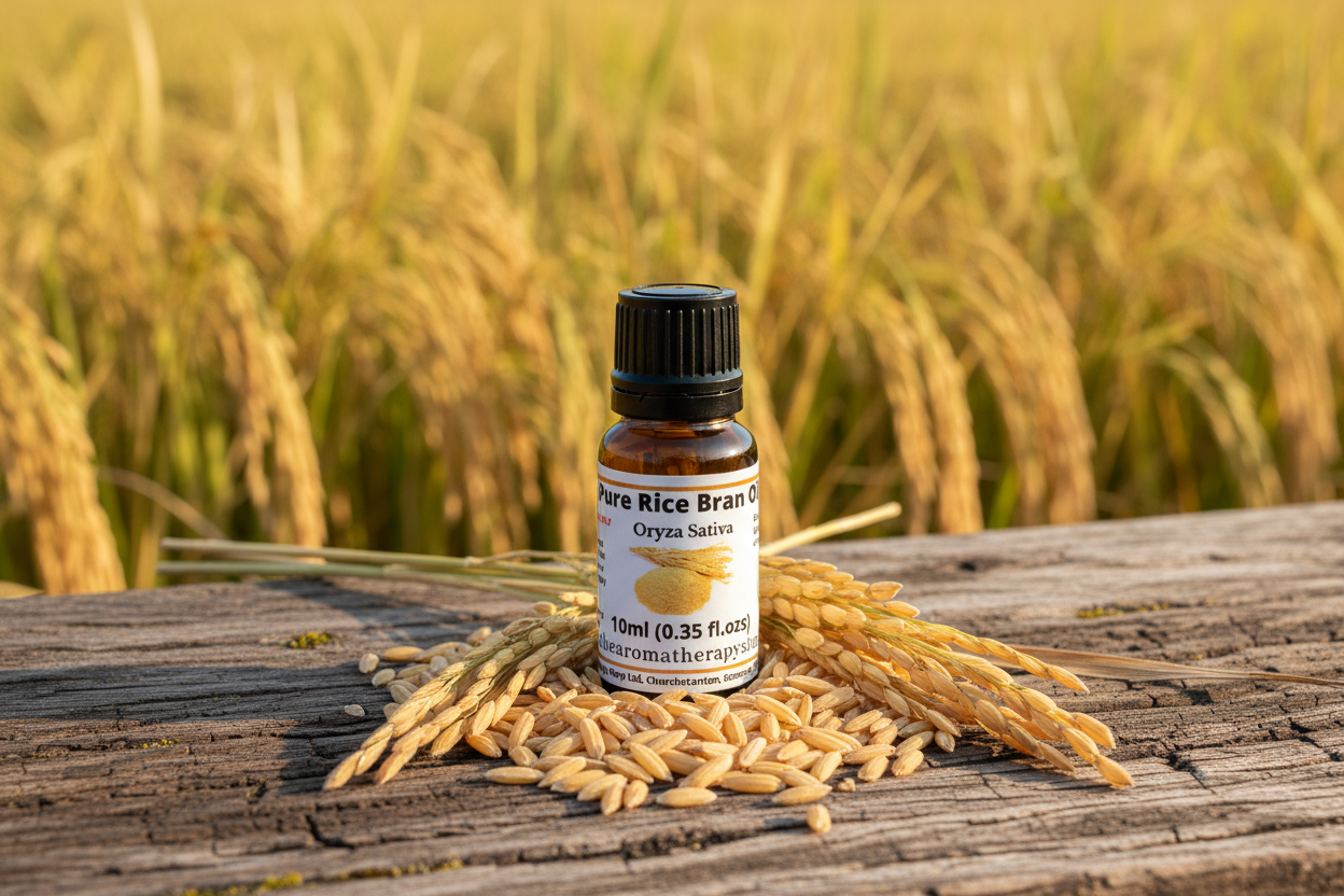 Rice Bran Oil bottle on natural outdoor surface with rice bran elements