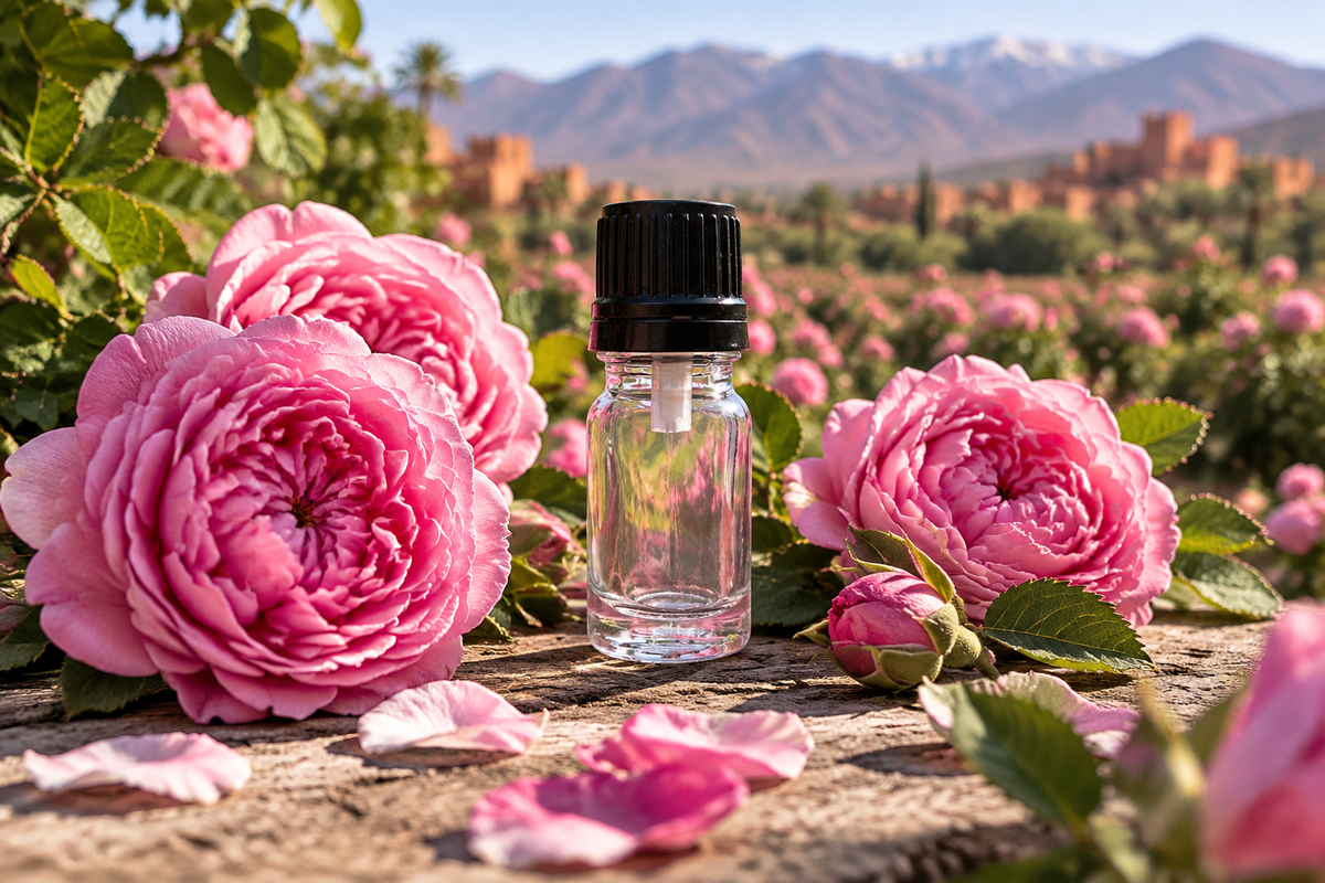 Rosa centifolia 1ml showcase, Moroccan rose valley background