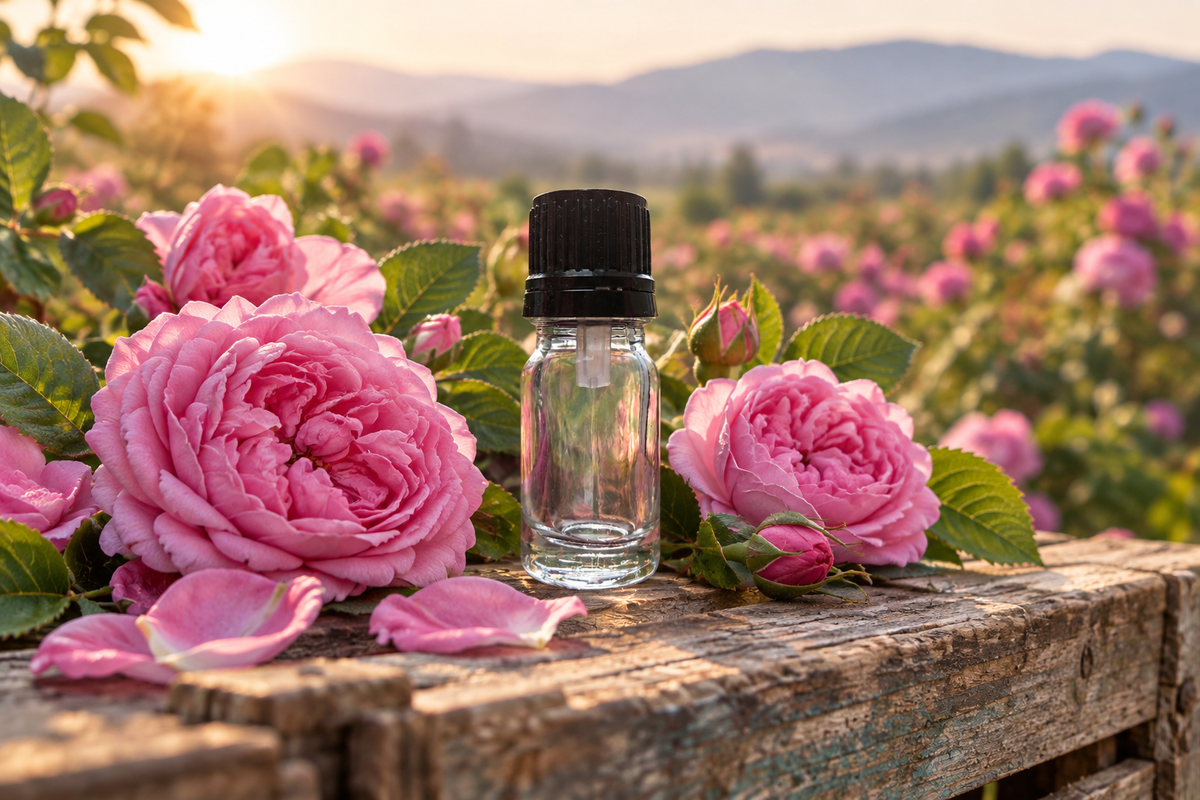 Rosa damascena 1ml showcase, Bulgarian rose garden background