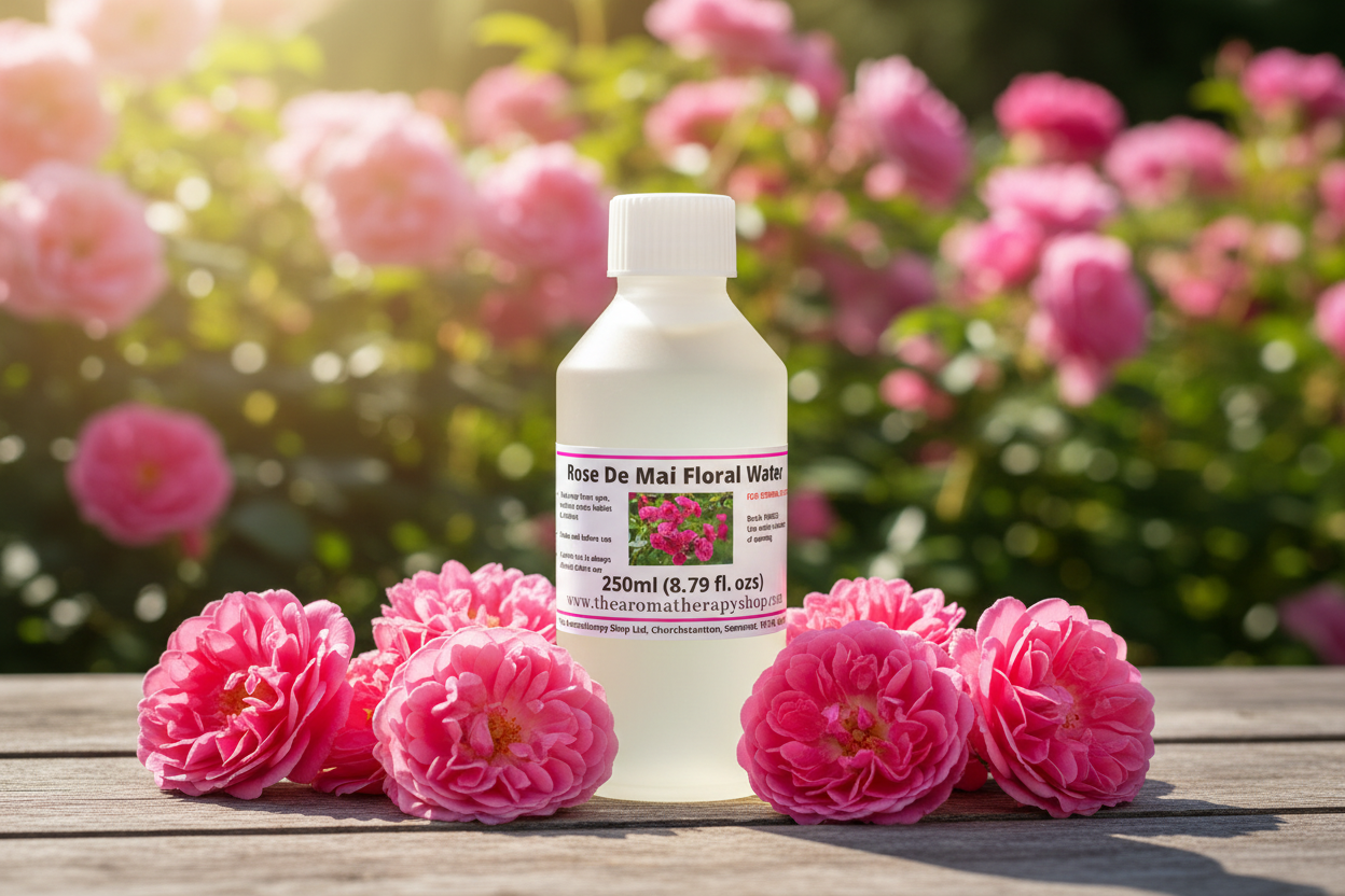 Rose De Mai Floral Water 250ml bottle in sunny outdoor setting - landscape