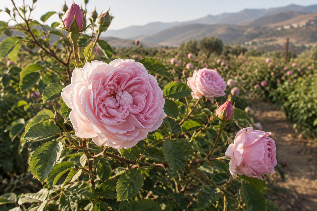 Rose de Mai growing in a natural rose field