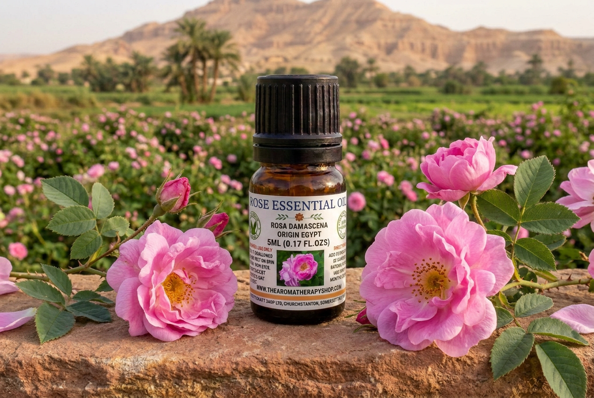 Rose Essential Oil 5ml showcase with life-sized Damask roses on sandstone in an Upper Egyptian garden