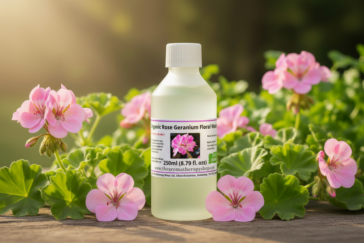 Rose Geranium Floral Water 250ml bottle in sunny garden