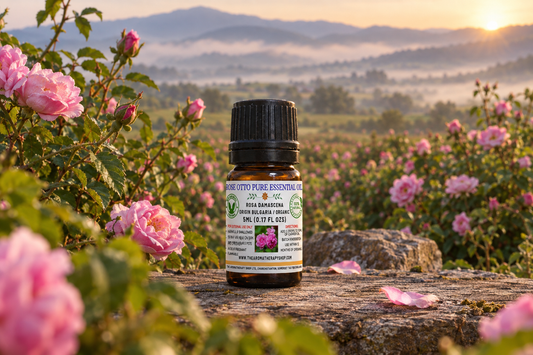 Rose Otto Pure Essential Oil 5ml showcase, balanced bottle height
