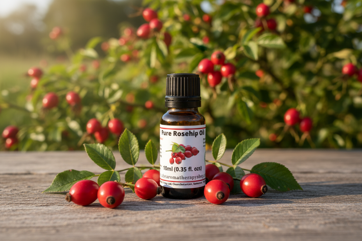 Rosehip Oil bottle on natural outdoor surface with rosehip elements