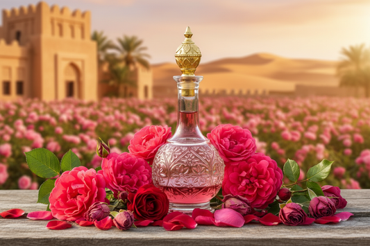 Ruh Al Ward - filled bottle Arabian backdrop