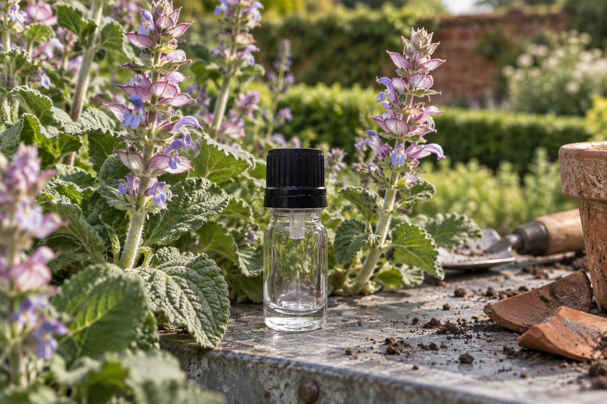 Salvia sclarea 1ml showcase, English herb garden background