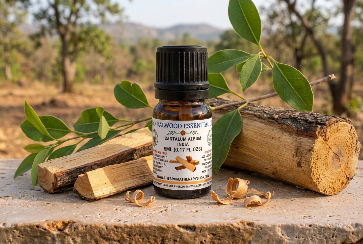 Sandalwood Essential Oil 5ml showcase with full-sized heartwood pieces and foliage on laterite in a southern Indian setting