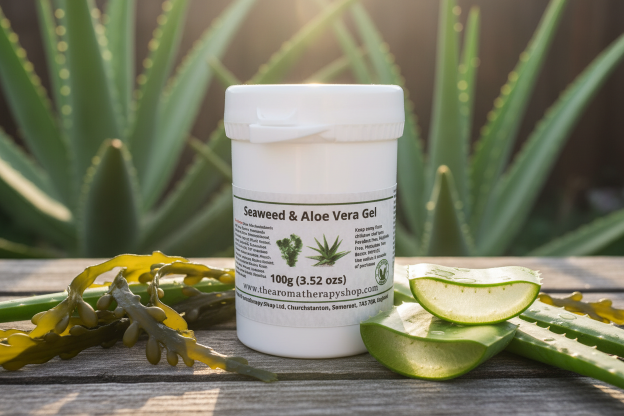 Seaweed and Aloe Vera Gel 100g white pot in sunny outdoor setting