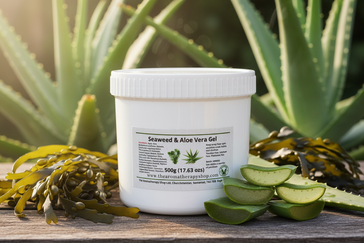 Seaweed and Aloe Vera Gel 500g white tub in sunny outdoor setting