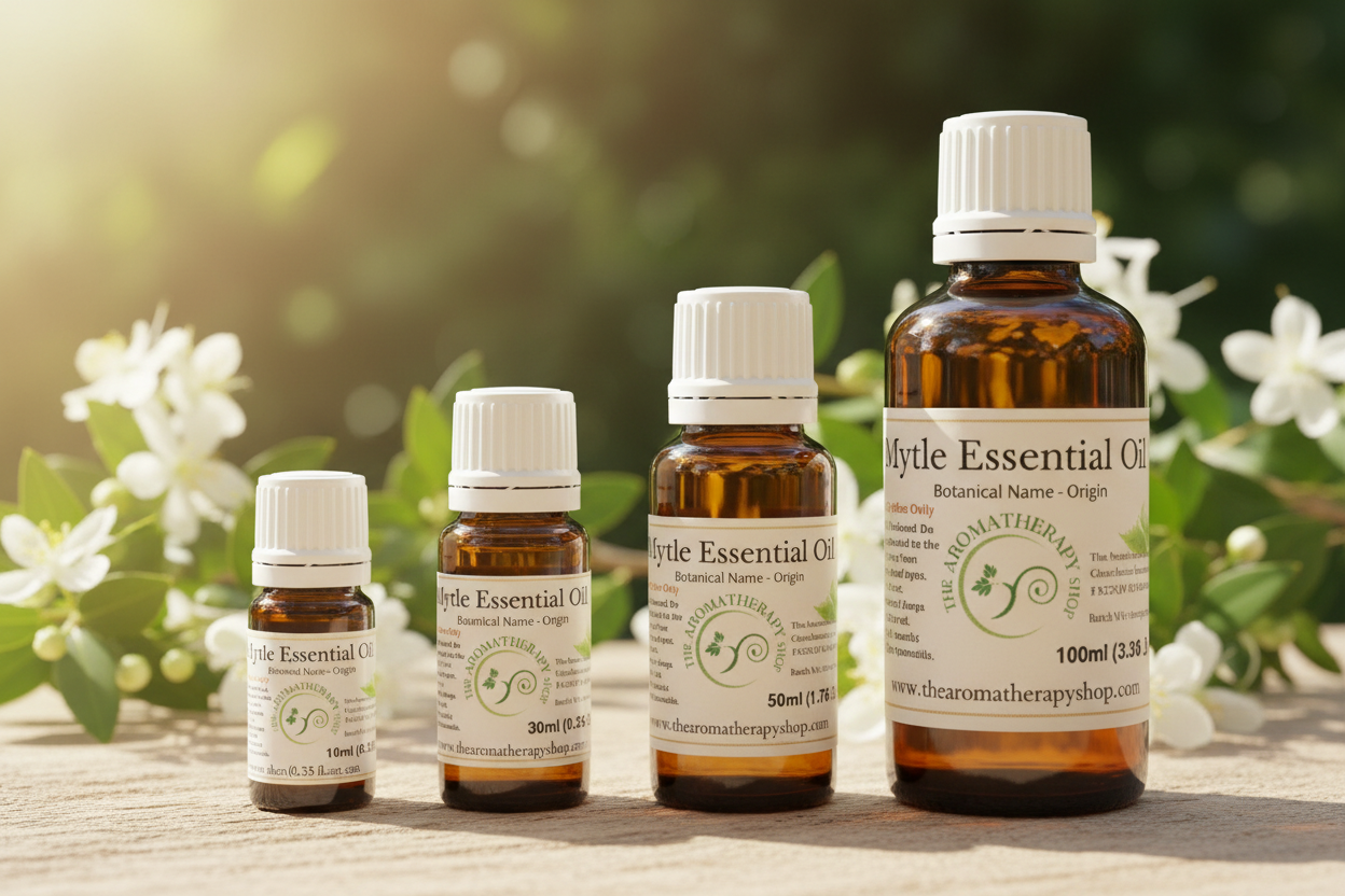 Sharp, high-resolution Myrtle Essential Oil bottles