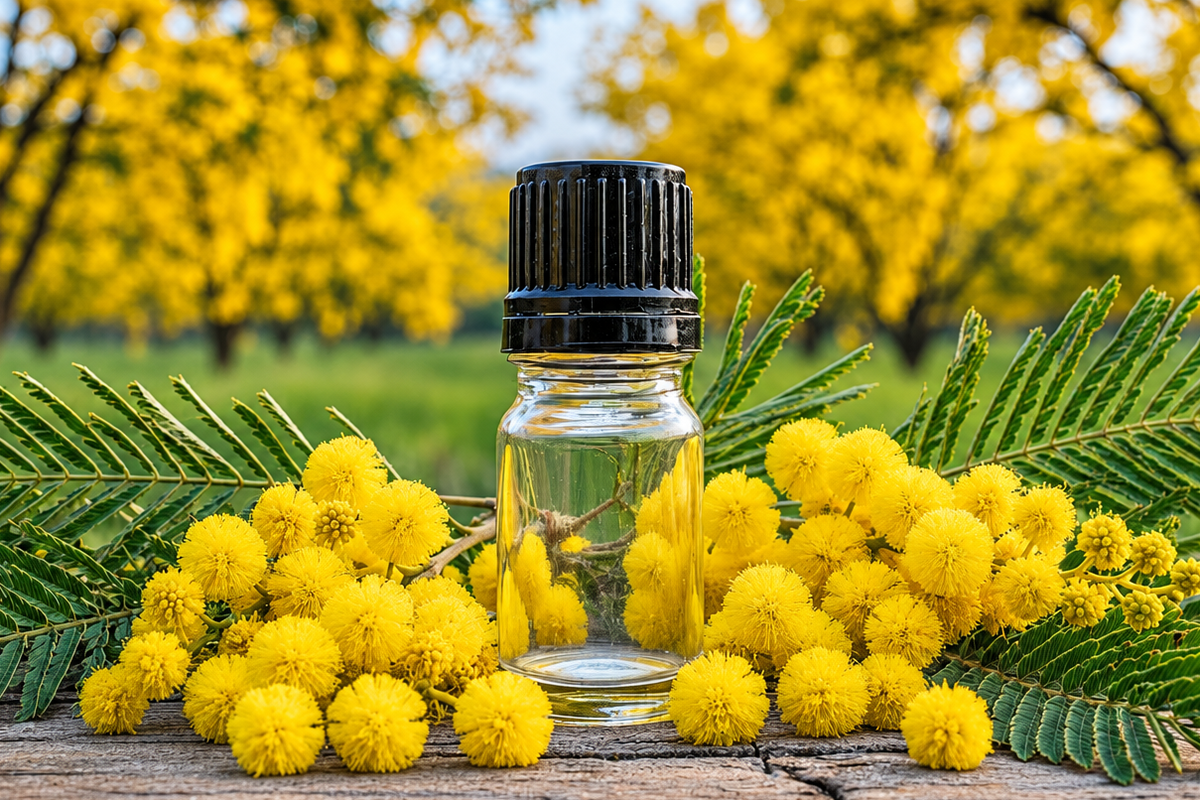 Sharpened acacia decurrens empty bottle scene