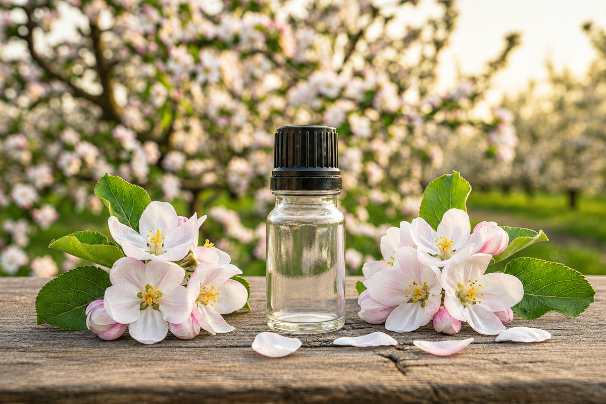 Sharpened Malus domestica apple blossom outdoor showcase with unlabeled glass bottle