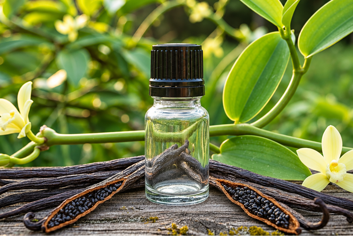 Sharpened vanilla planifolia empty bottle scene