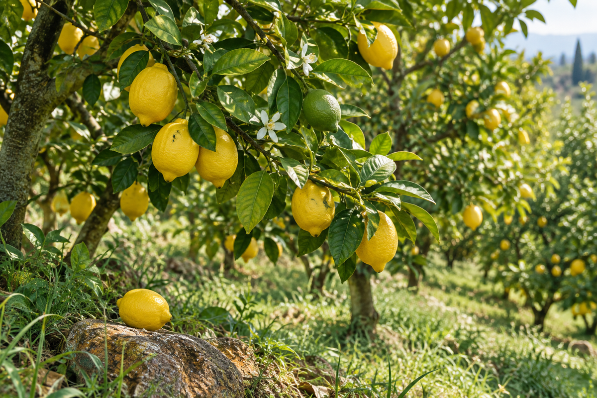 Sparkling Zest lemon showcase in a natural sunlit citrus grove