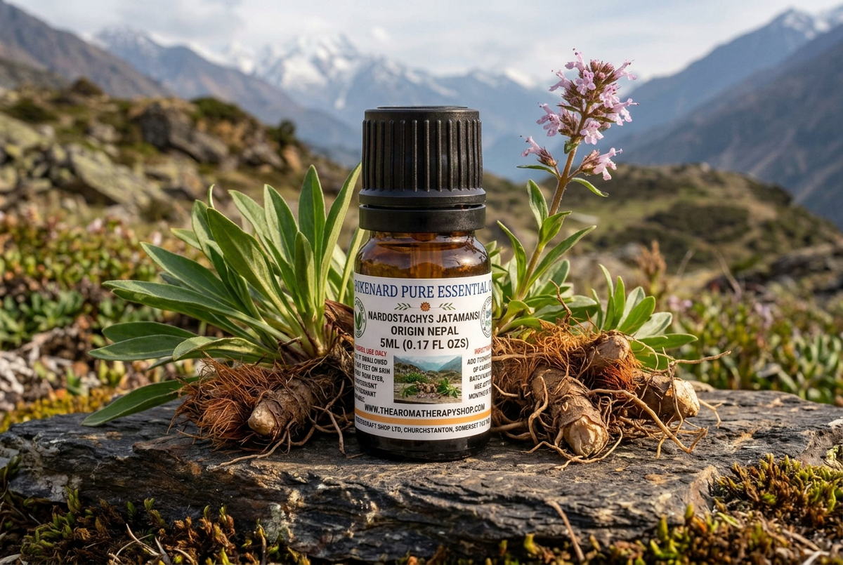 Spikenard 5ml showcase with full-sized plants, fibrous rhizomes and roots on Himalayan schist in a Nepalese alpine setting