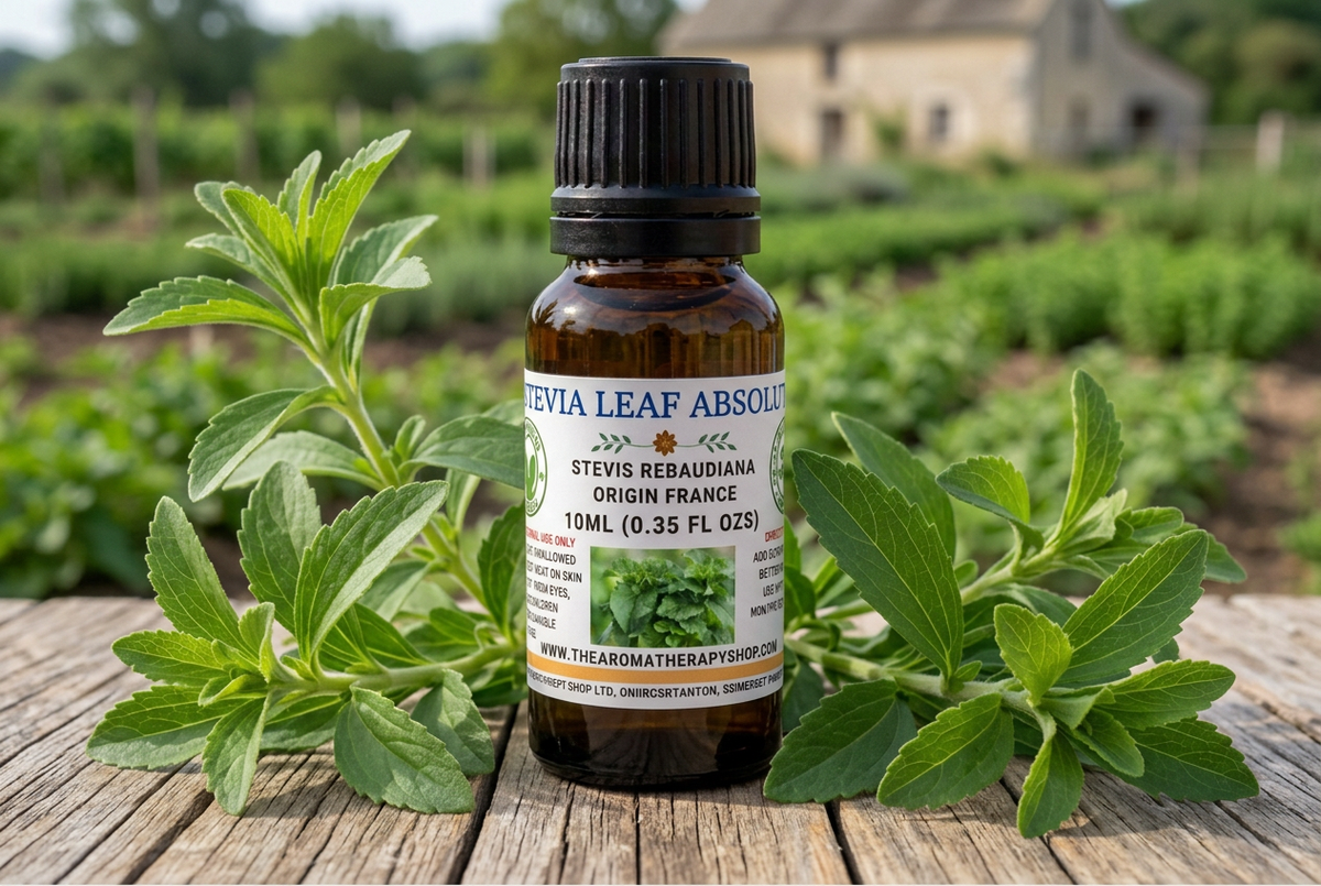Stevia Leaf Absolute showcase using the Cassie bottle reference, supplied Stevia label, French countryside and new oak surface