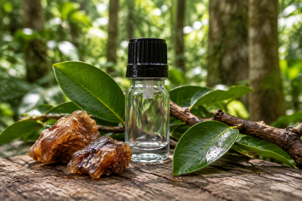 Styrax benzoin 1ml showcase, Sumatran rainforest background