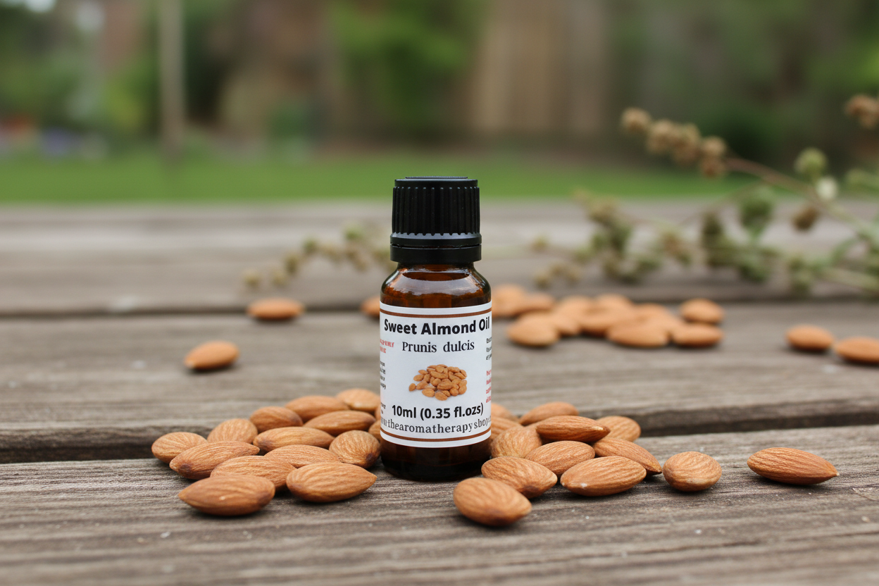 Sweet Almond Oil on natural outdoor surface with almonds