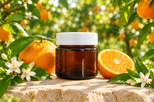 Sweet orange outdoor showcase with the approved smaller jar on natural limestone