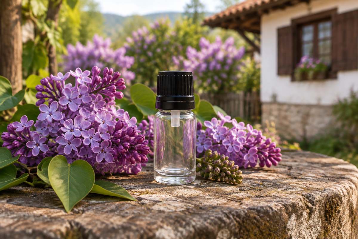 Syringa vulgaris 1ml showcase, Bulgarian village background