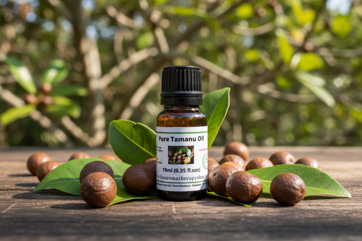 Tamanu Oil Bottle on Rustic Wood