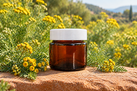 Tanacetum annuum showcase with the approved smaller jar on warm sandstone