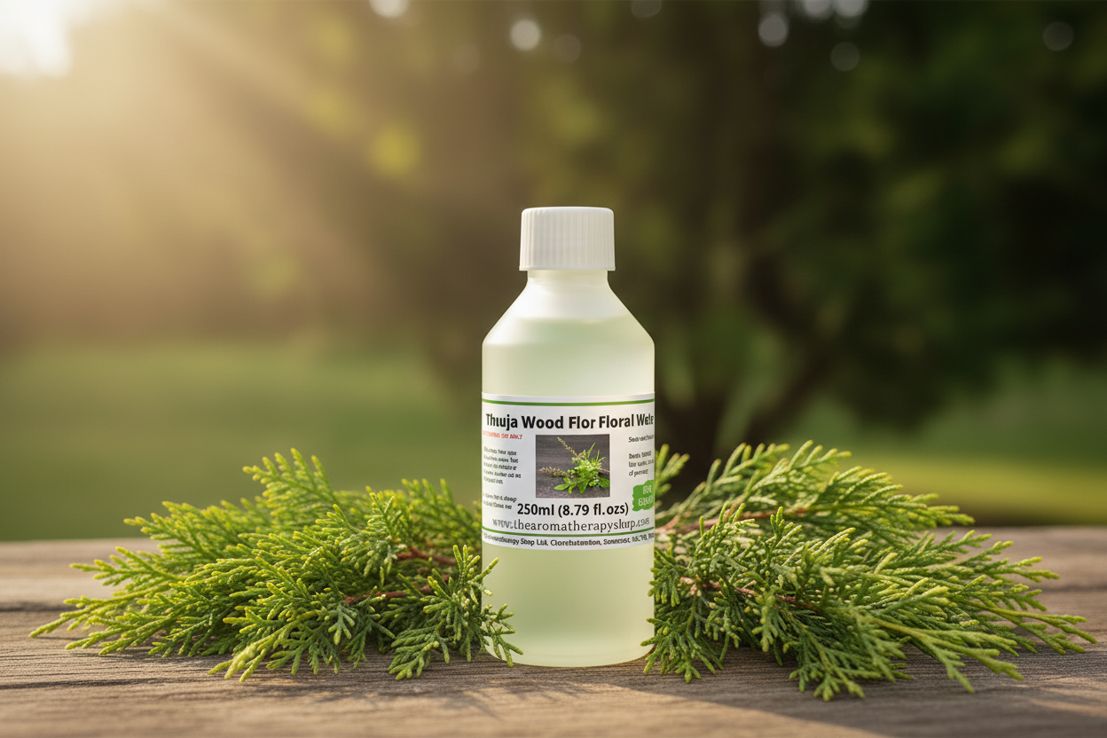 Thuja Wood Floral Water 250ml bottle in sunny garden