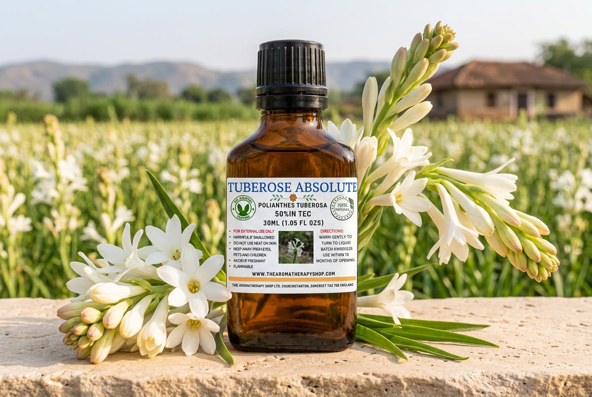 Tuberose Absolute 30 ml showcase with your attached label, a distinct flower arrangement and a new natural surface