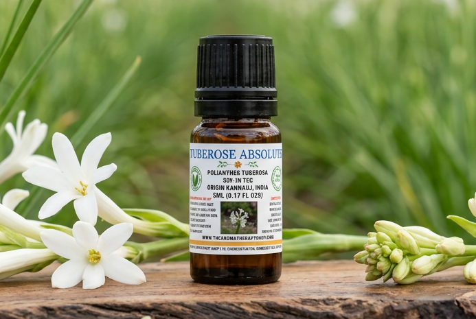 Tuberose Absolute 5 ml showcase with your attached label, a fresh flower arrangement and a different natural surface