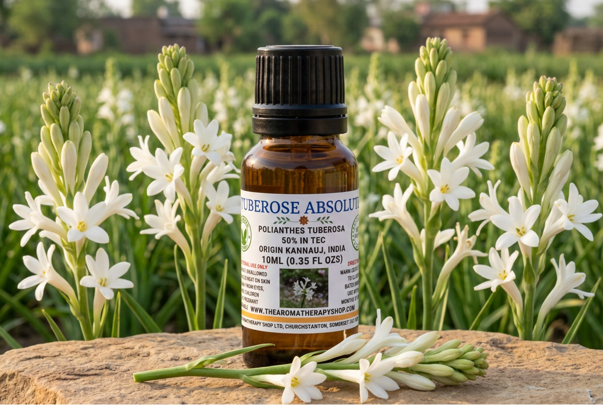 Tuberose Absolute showcase with the approved 10 ml amber bottle, your attached label and an Indian tuberose setting