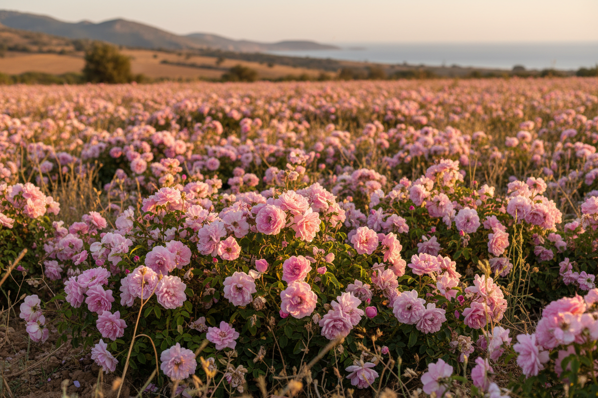 Turkish Rose Otto, Rosa damascena, in an Aegean rose field