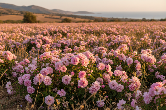 Turkish Rose Otto, Rosa damascena, in an Aegean rose field