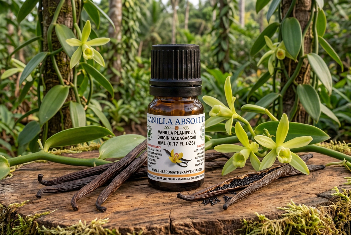 Vanilla Absolute 5ml showcase with full-sized vanilla pods and foliage on tropical hardwood in a Madagascar growing setting