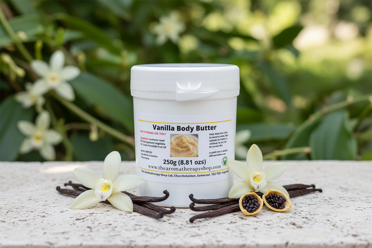 Vanilla Body Butter 250g outdoor product photography - olive butter pot style